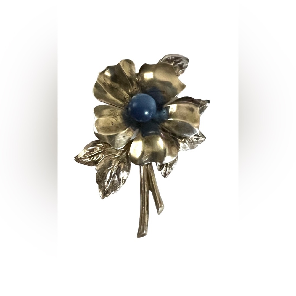 Vintage Signed Taylord Blue Star Sterling Silver & Sapphire Flower Brooch